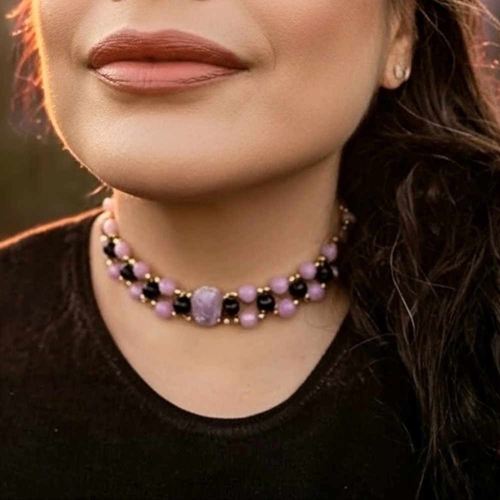 A Nocturnal Muse's Choice: Genuine Purple Jade & Onyx In Goldplated Choker